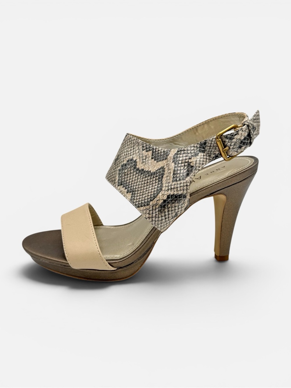 Anne Klein Eriko Snake Print Slingback Platform‎ Sandals Beige Gold 7